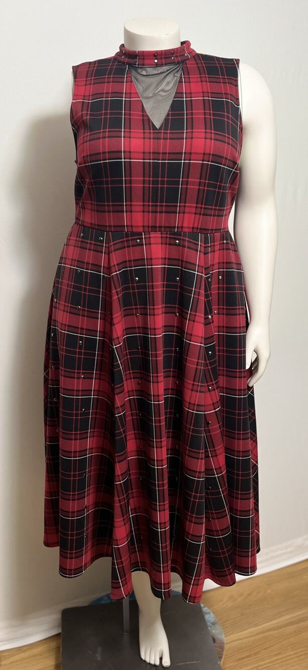 Torrid EUC Dress 2 / 2X 18-20 Red Black Studded Plaid Mesh High Neck Pockets